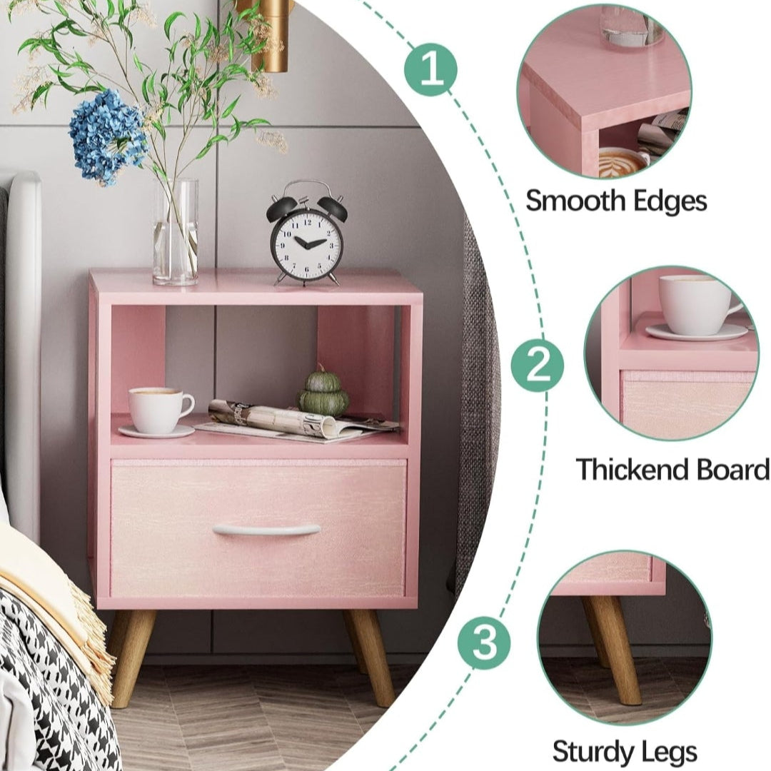 Nightstand for Girls Room with Fabric Drawer Pink