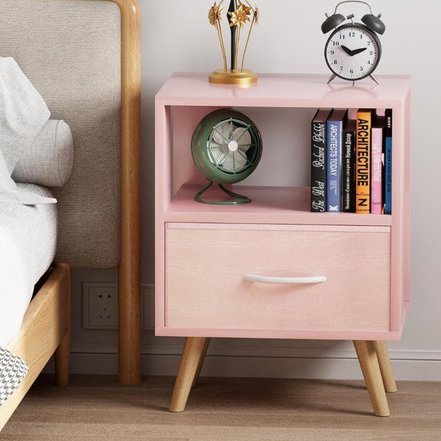 Nightstand for Girls Room with Fabric Drawer Pink