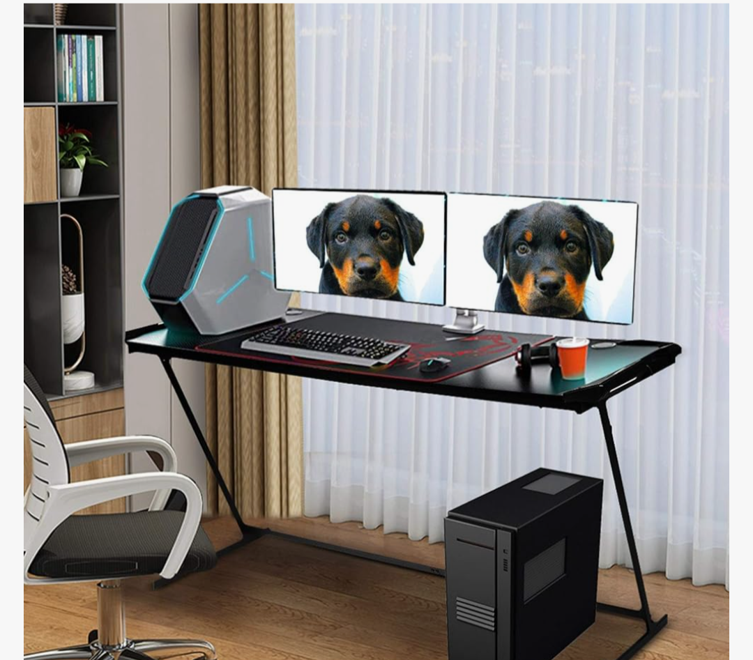 Large 47" Gaming Desk with LED Accents and Carbon Fiber Desktop, Black