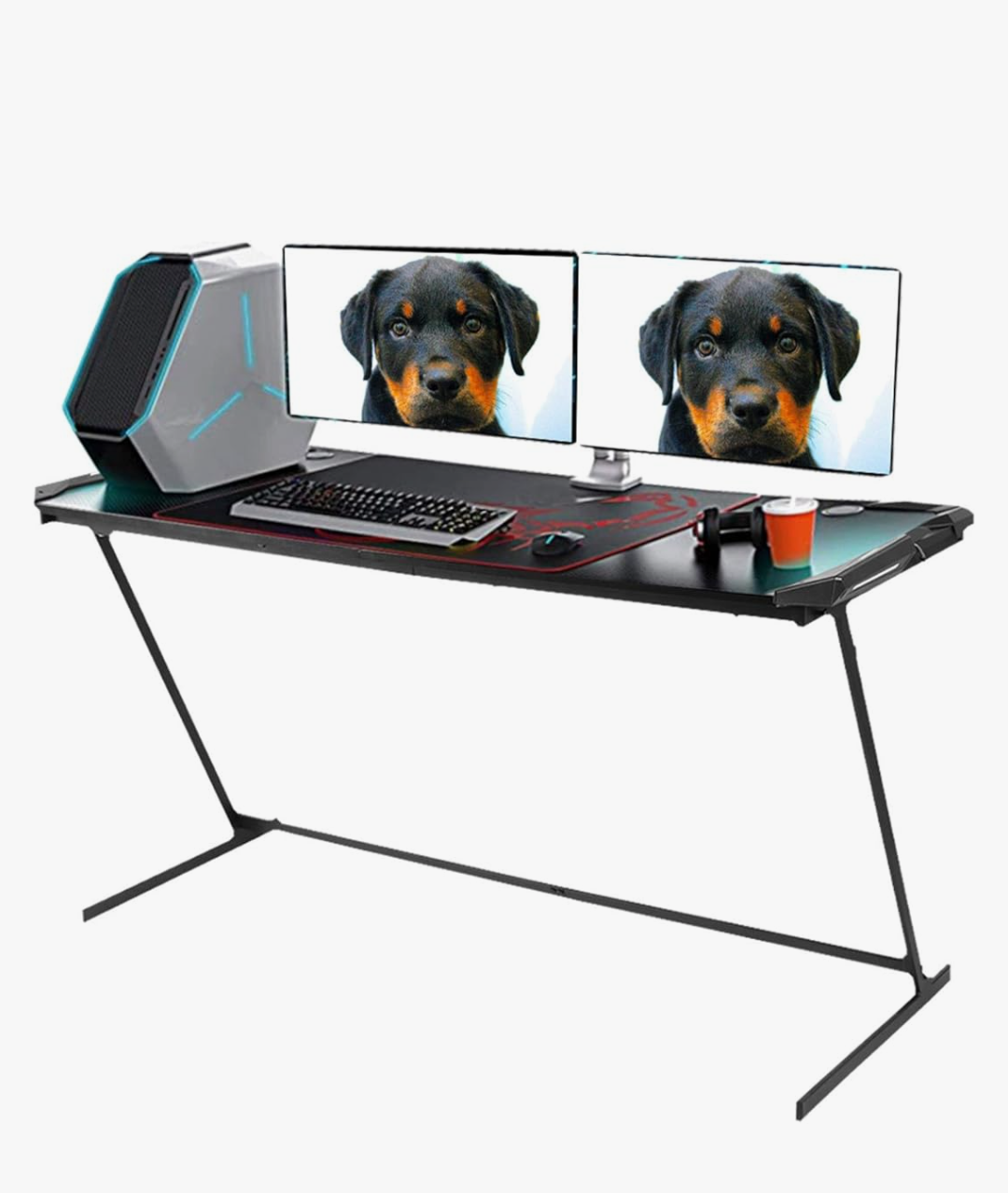 Large 47" Gaming Desk with LED Accents and Carbon Fiber Desktop, Black
