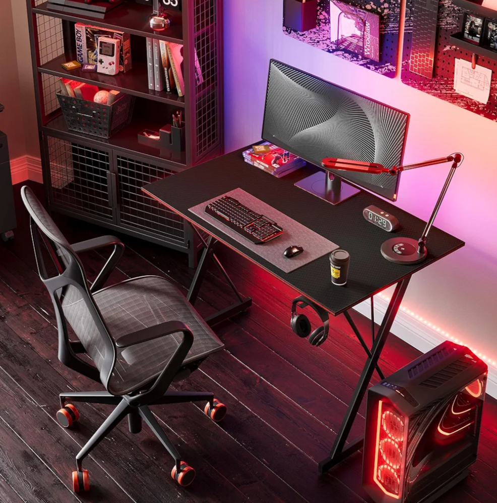 43" Gaming Computer Desk with X-Style Metal Frame and Carbon Fiber Desktop, Black