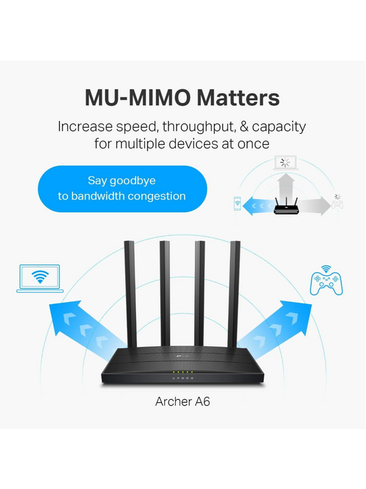 Router with MU-MIMO technology features and text on a white background