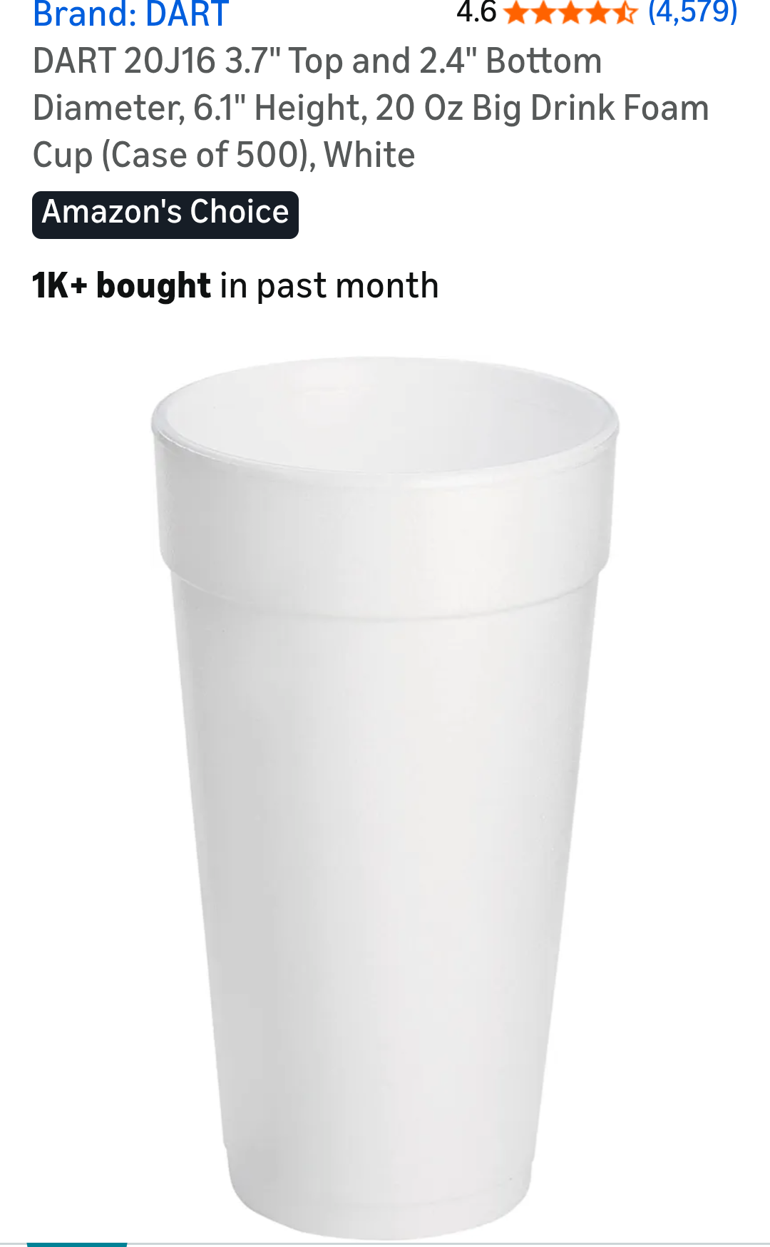 White foam cup with product details on a white background