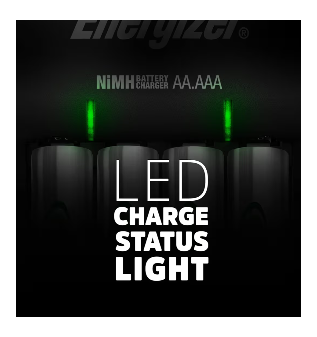 Battery charger with LED charge status light on a black background