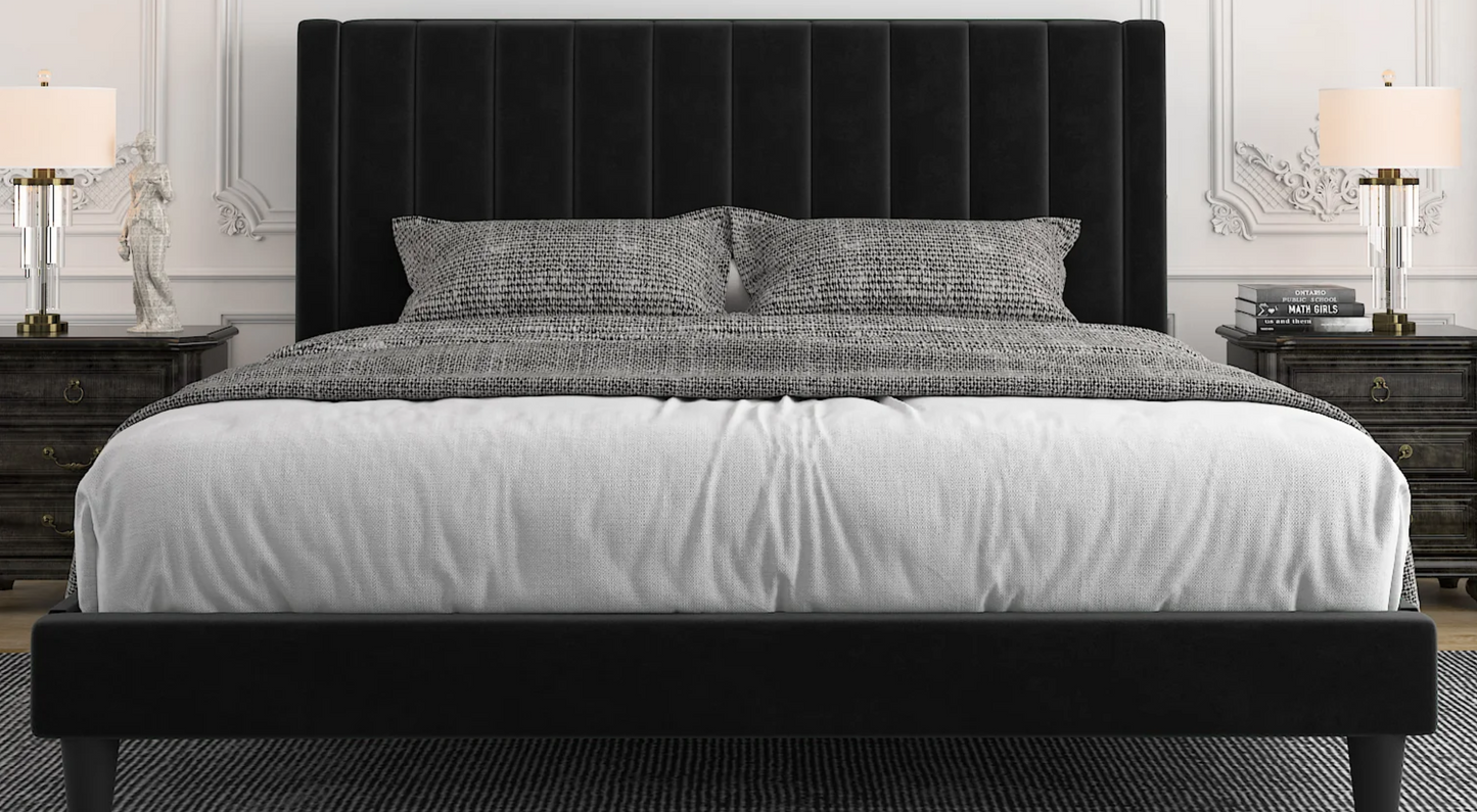 43-Allewie Velvet Upholstered Bed Frame with Vertical Channel Tufted Headboard, King Black