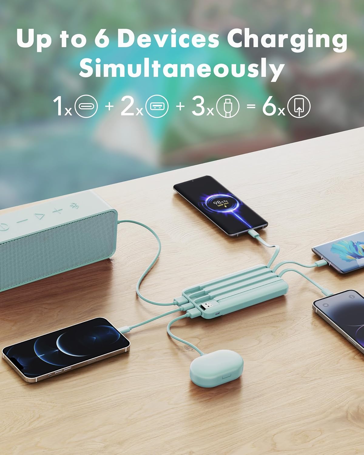 Multiple devices charging simultaneously on a wooden surface with text indicating up to 6 devices.