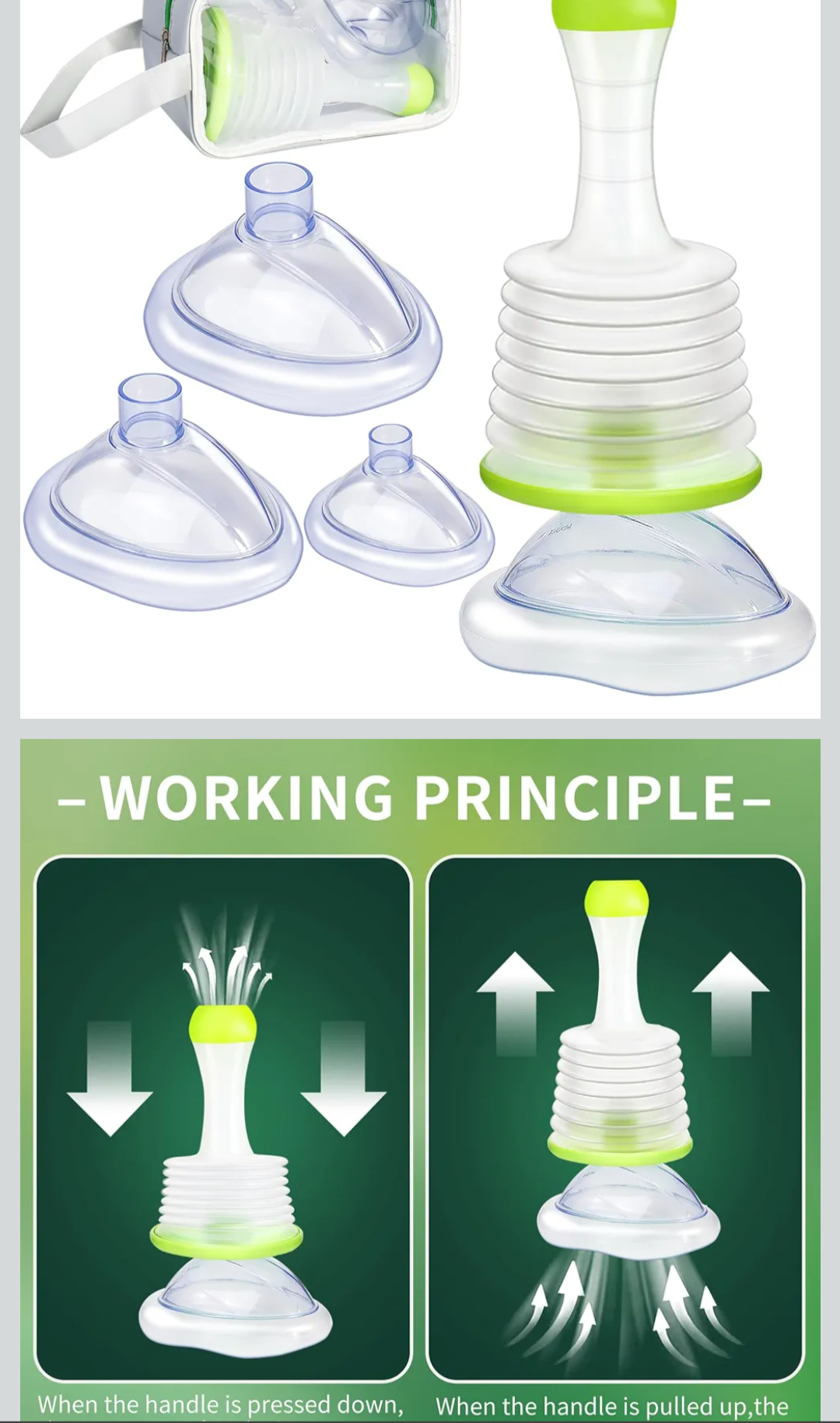 Anti-choking device Product gallery suction cup with a green handle, showing working principle illustrations.