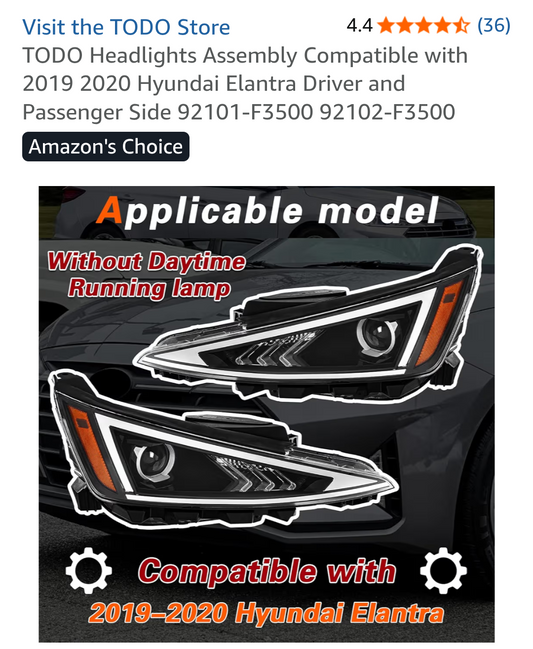 TODO Headlights Assembly Compatible with 2019 202O HyundaiElantra Driver and Passenger Side 92101-F3500 92102-F3500
