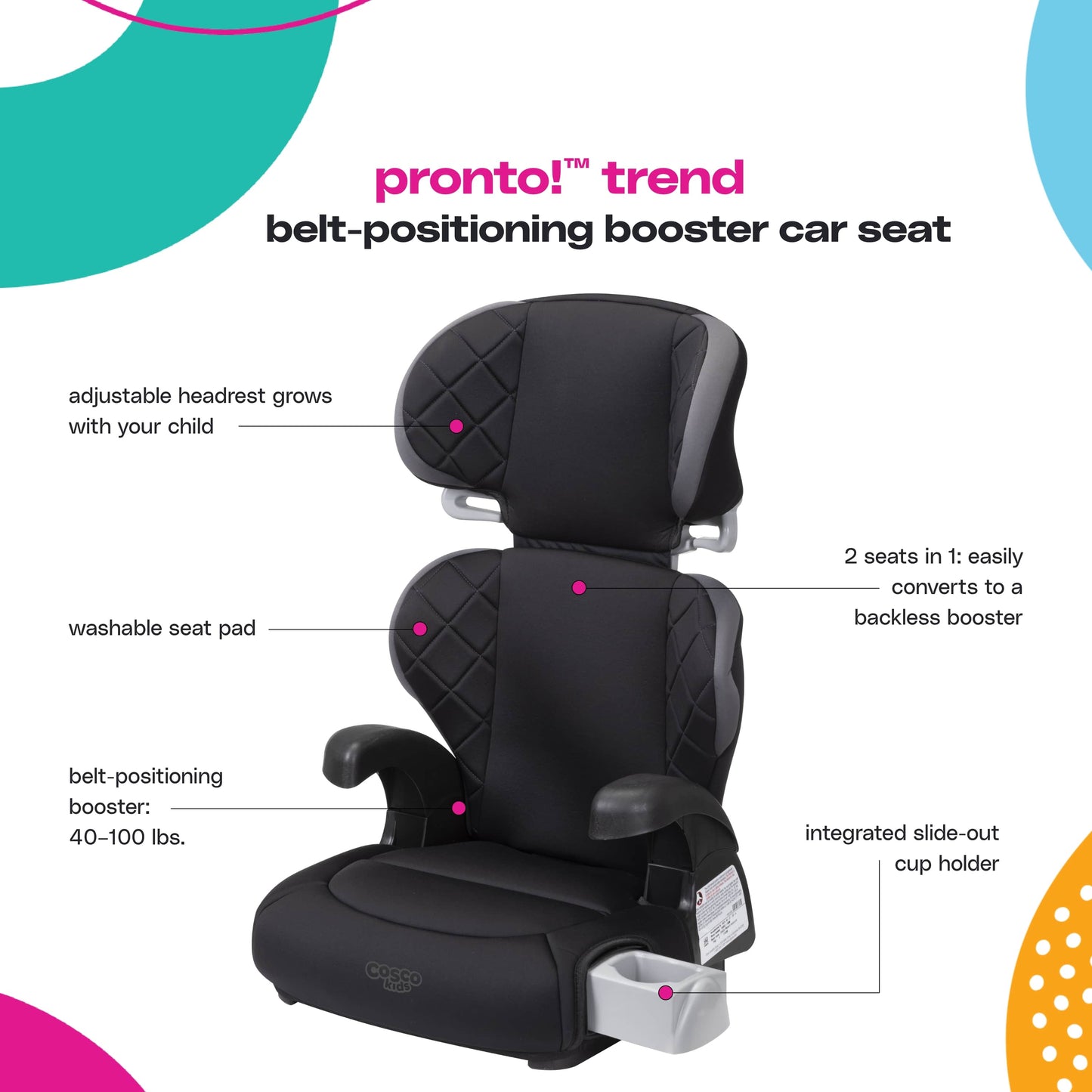 Costco Pronto Trend Belt Positioning Booster Car Seat Black/Gray Sonic Diamonds