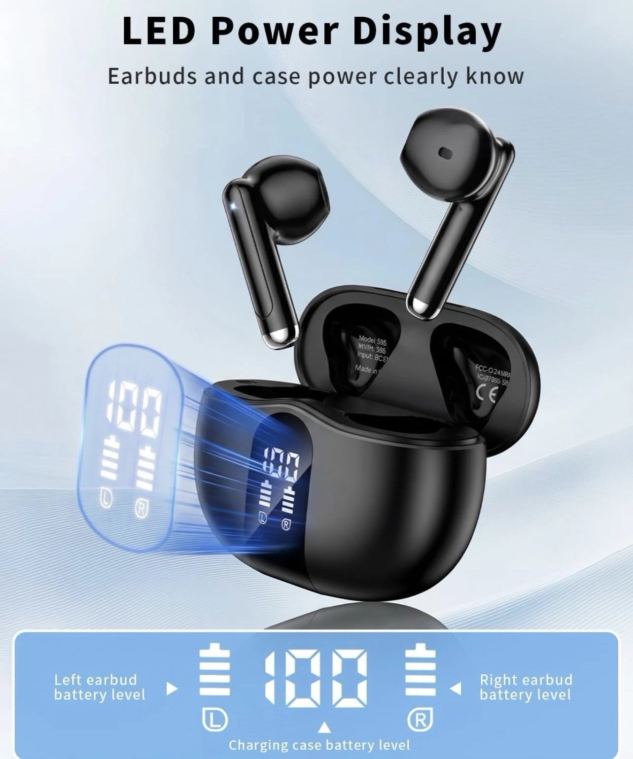 S58 Bluetooth 5.4 Wireless Earbuds Black, LED Display, Waterproof, Touch