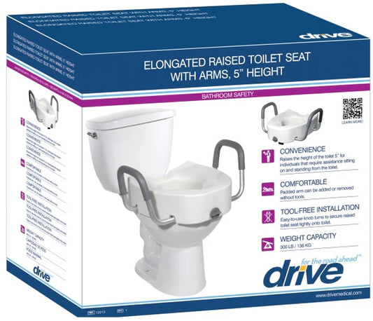 Premium Raised Toilet Seat with Removable Arms, 5" Height, Elongated