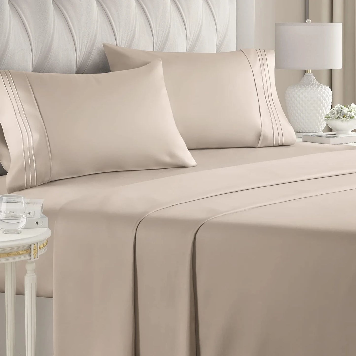 CGK Linens Luxury Soft 4 Piece Solid Bed Sheet Set - Deep Pocket Fits 8"-16" Mattresses in Wheat, Size Full