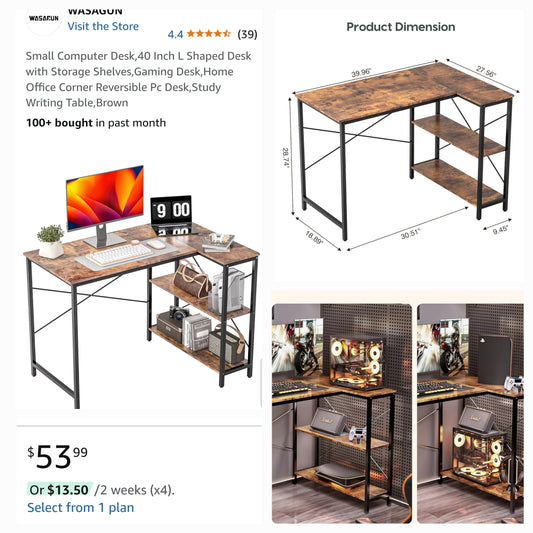 40" L-Shaped Computer Desk with Storage Shelves, Brown - Lima Deals