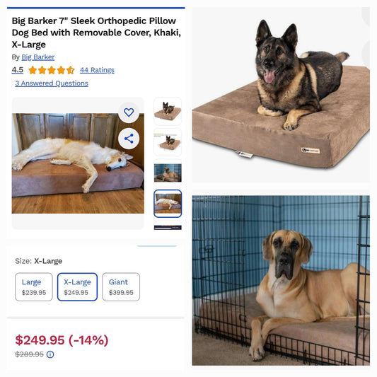 Big Barker 7" Memory Foam Dog Bed with Built-In Pillow and Removable Cover, Size XL, Khaki