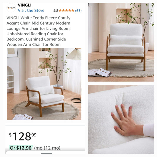 Vingli Mid Century Modern White Fleece Accent Chair