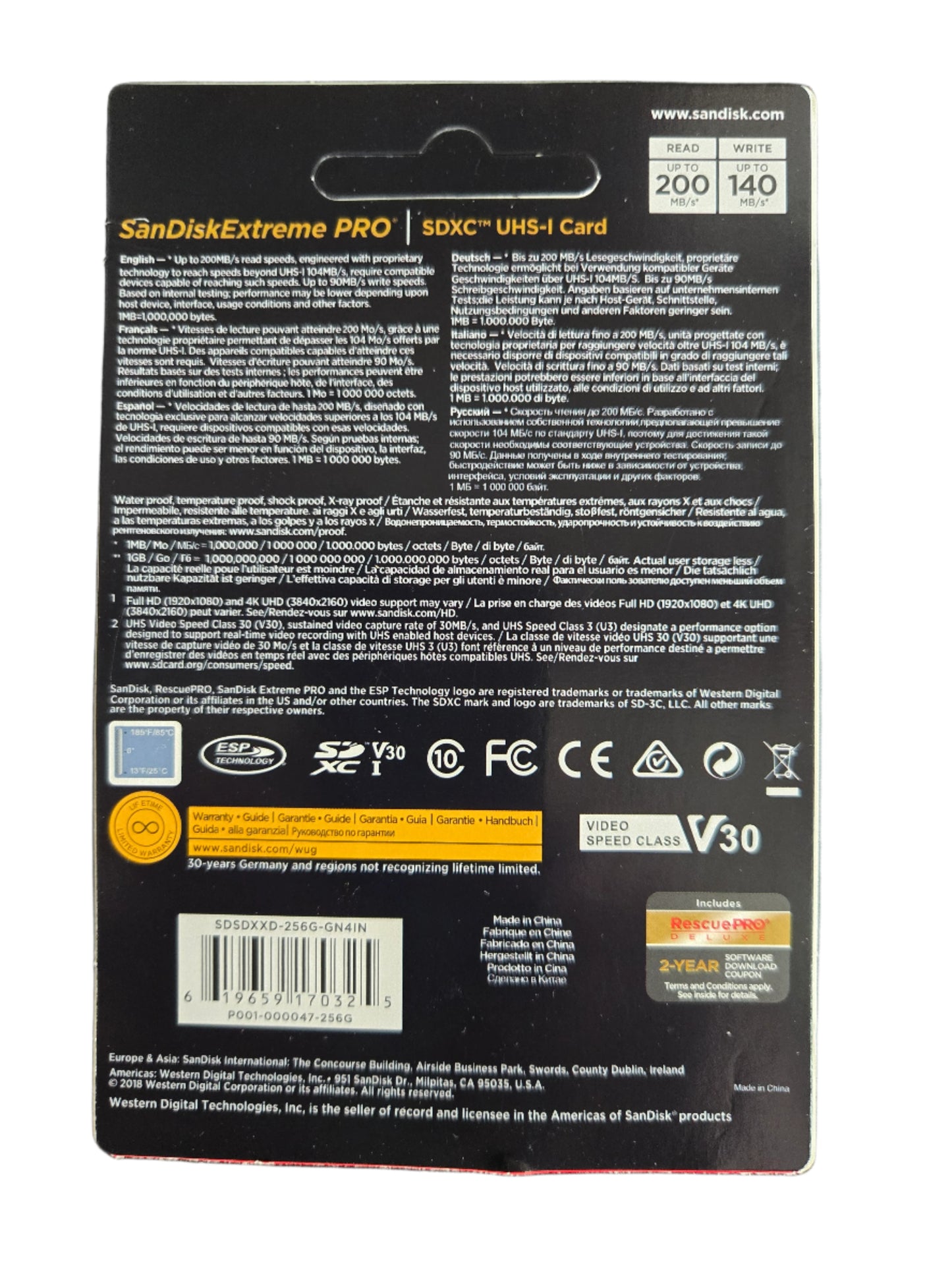 SanDisk Extreme Pro SDXC UHS-1 V-30 256GB Memory Card
