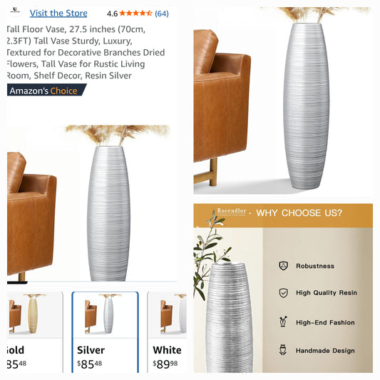 27 in. Decorative Textured Silver Foor Vase