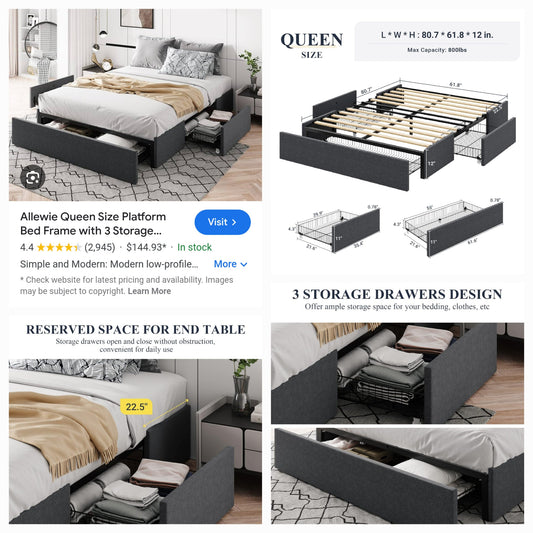 51 Queen Gray Fabric Upholstered Platform Bed Frame with 3 Storage Drawers