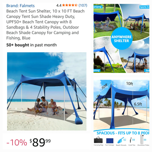 Beach Tent Sun Shelter 10'x10' Blue