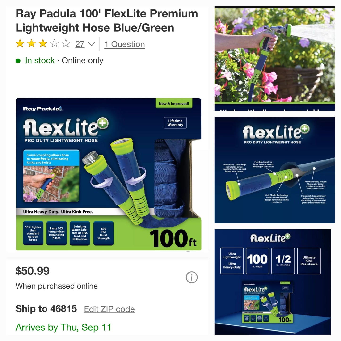 FlexLite Premium Lightweight Garden Hose, Blue Green, 100'