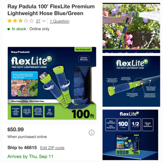 FlexLite Premium Lightweight Garden Hose, Blue Green, 100'