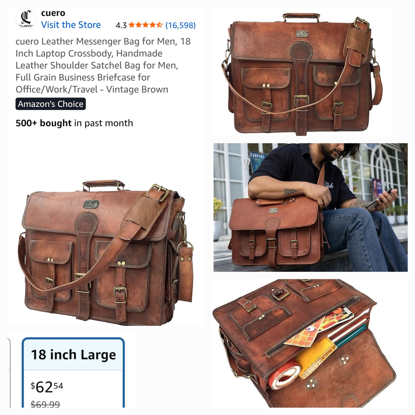 Leather Messenger Bag Briefcase for Men, Brown