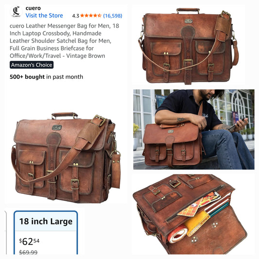 Leather Messenger Bag Briefcase for Men, Brown