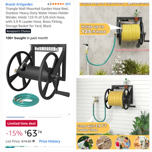 Triangle Wall-Mounted Garden Hose Reel Holds 125', Black