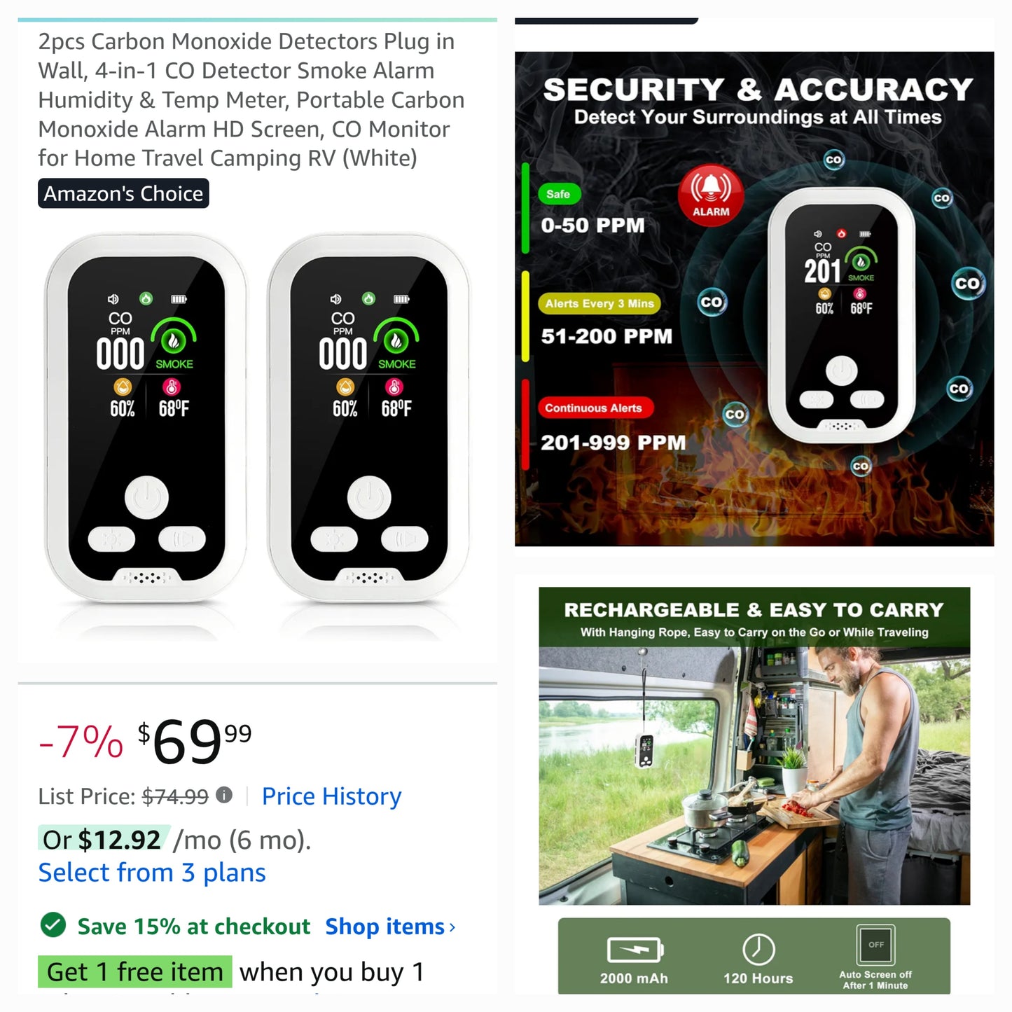 4-in-1 Alarm Smoke, Carbon Monoxide, O2 Detector, Temp and Humidity Monitor