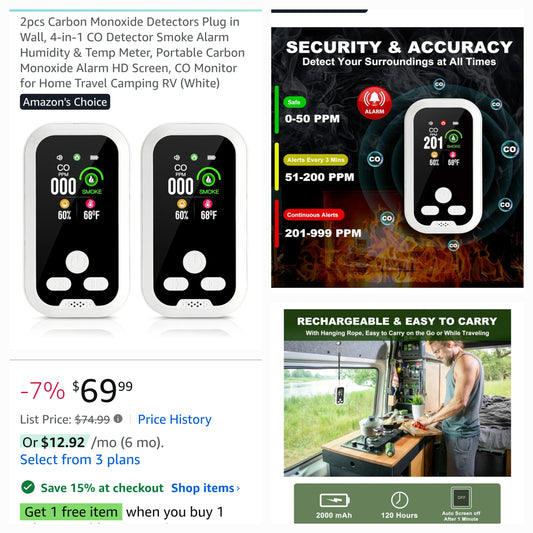 4-in-1 Alarm Smoke, Carbon Monoxide, O2 Detector, Temp and Humidity Monitor