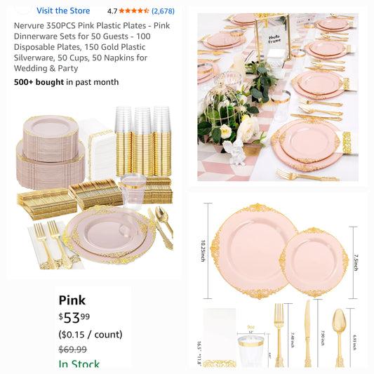 350 Pink Plastic Dinnerware Set for 50 Guests