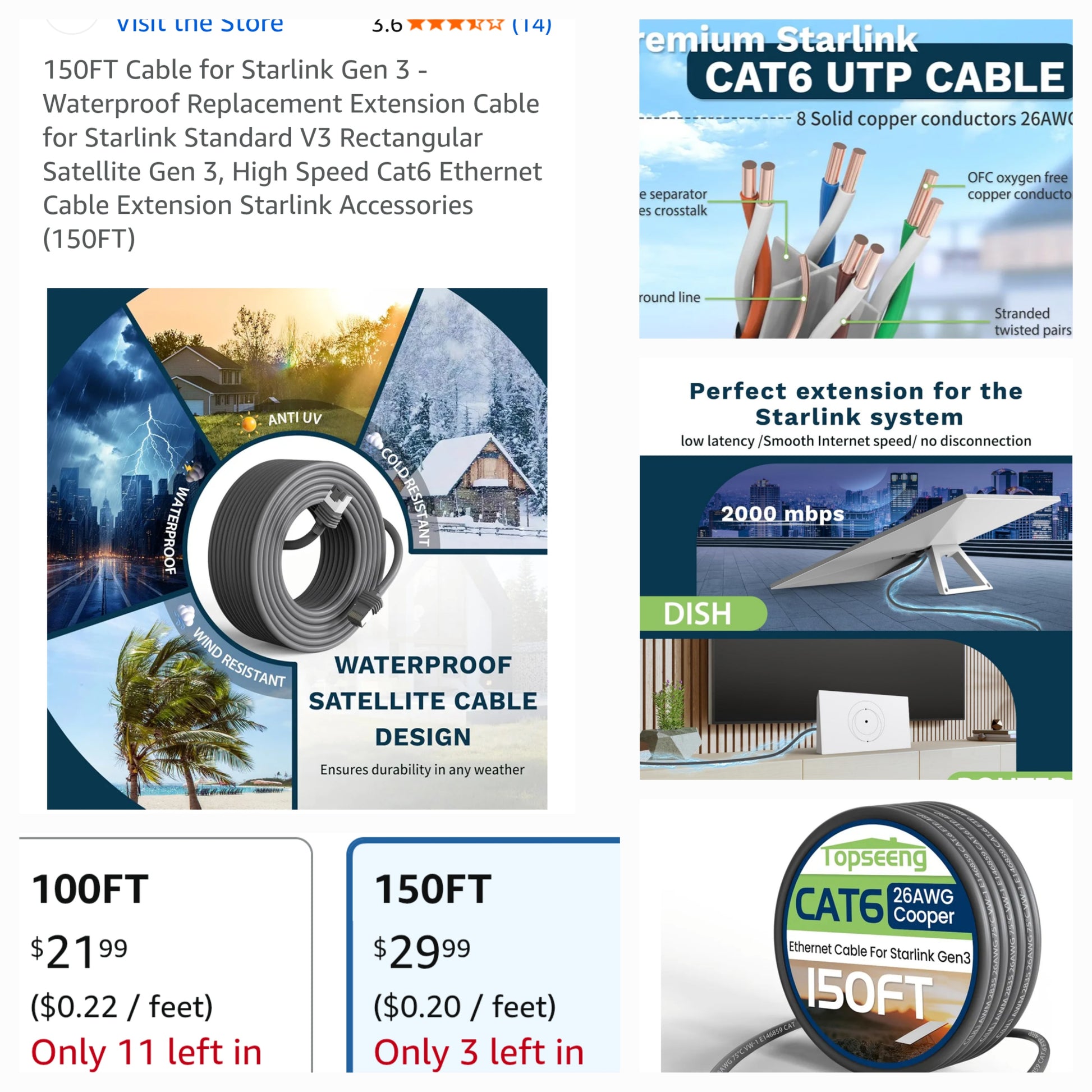 Product page with Starlink cable and extension cable for sale on a website.