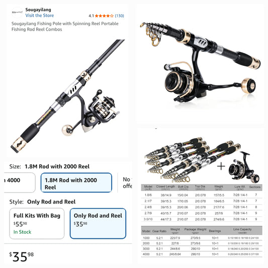 Sougayilang Fishing Pole with Rel - 1.8M Rod with 2000 Reel