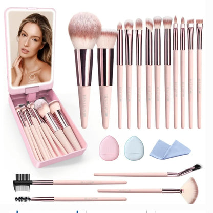 20 Piece Travel Brush Make Up Set, Pink, With Lighted Mirror Case