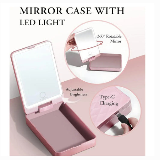 20 Piece Travel Brush Make Up Set, Pink, With Lighted Mirror Case