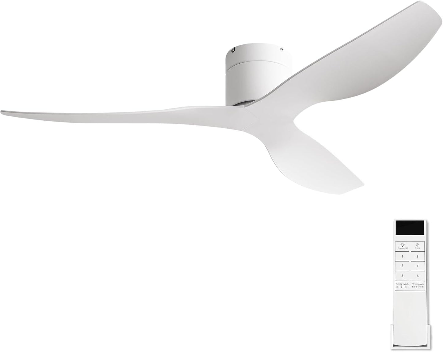52-Inch White Curved Blade Ceiling Fan Without Light, Modern Low-Profile Flush Mount Fan with Remote, 6-Speed Reversible Quiet DC Motor