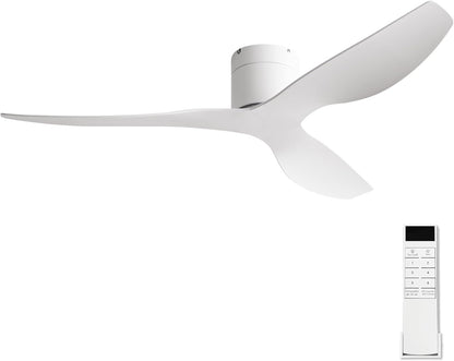 52-Inch White Curved Blade Ceiling Fan Without Light, Modern Low-Profile Flush Mount Fan with Remote, 6-Speed Reversible Quiet DC Motor