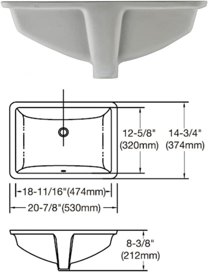 #202F -20.9 Inch Porcelain Undermount Bathroom Sink, Rectangle Lavatory Vanity Sink, Undercounter Basin, White