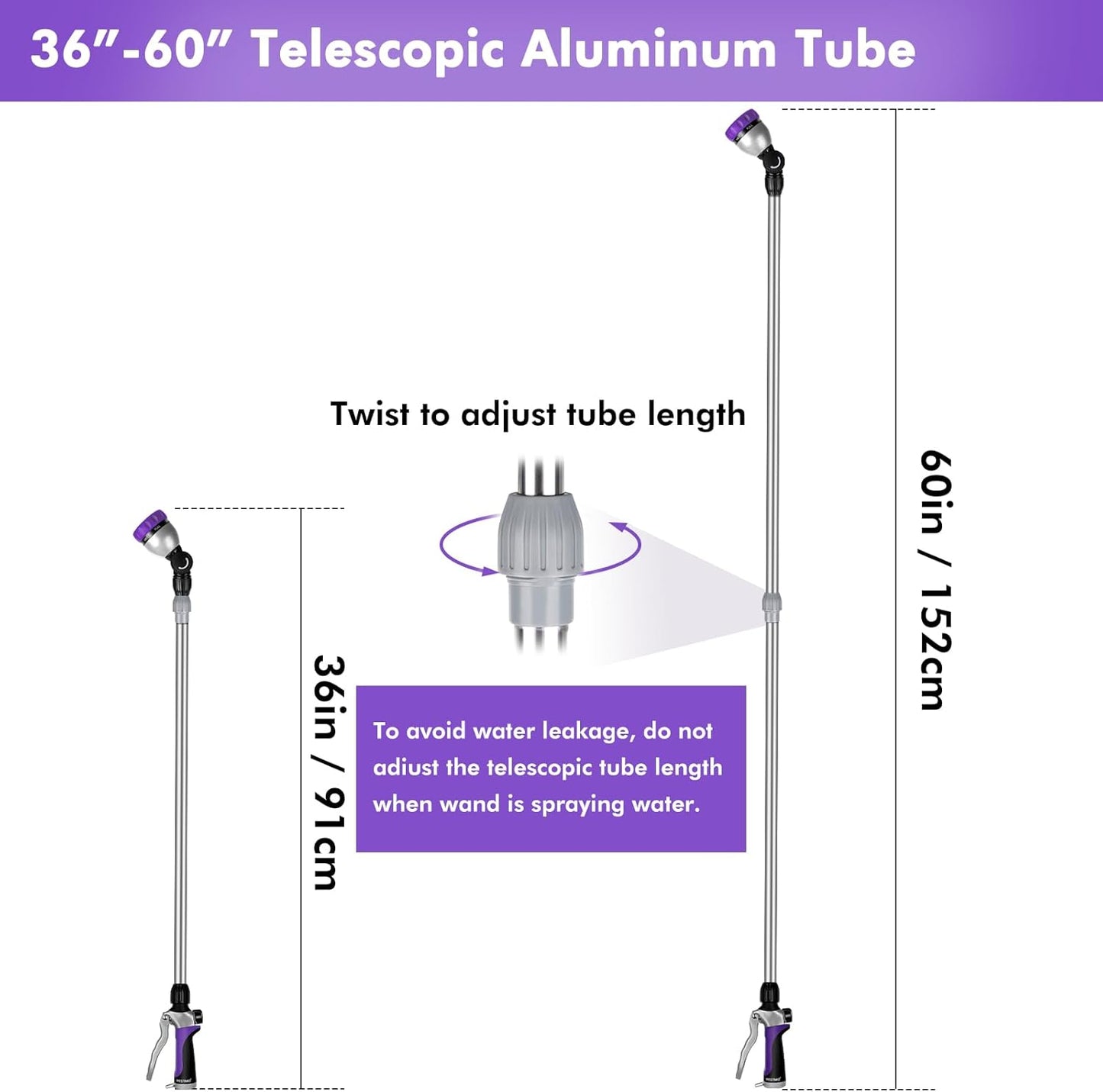 RESTMO 36”-60” Metal Watering Wand, Long Telescopic Tube | 180° Adjustable Ratcheting Head | 7 Spray Patterns | Flow Control, Perfect Garden Hose Sprayer to Water Hanging Baskets, Shrubs, Purple