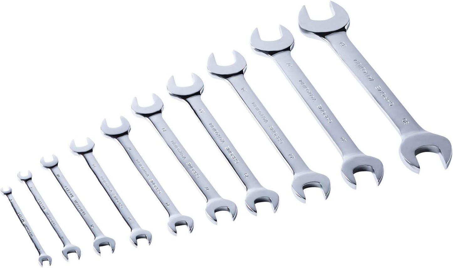 MAXPOWER 10PCS Double Open-End Wrench Set, Industrial Grade Spanners, Cr-V Steel, Roll-up Storage Pouch, Metric up to 32mm, Mirror Finish