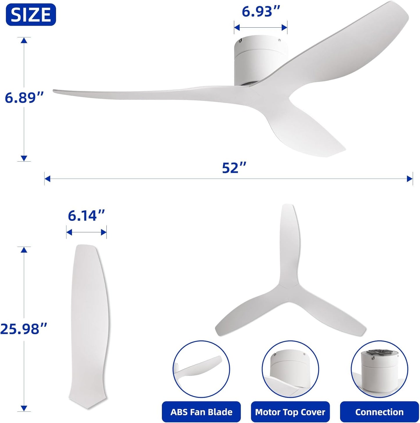 52-Inch White Curved Blade Ceiling Fan Without Light, Modern Low-Profile Flush Mount Fan with Remote, 6-Speed Reversible Quiet DC Motor