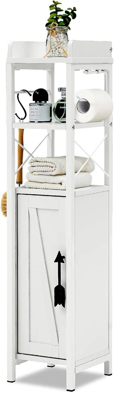 VECELO Small Bathroom Cabinet, Slim Toilet Paper Holder with Door and 2 Shelves, White