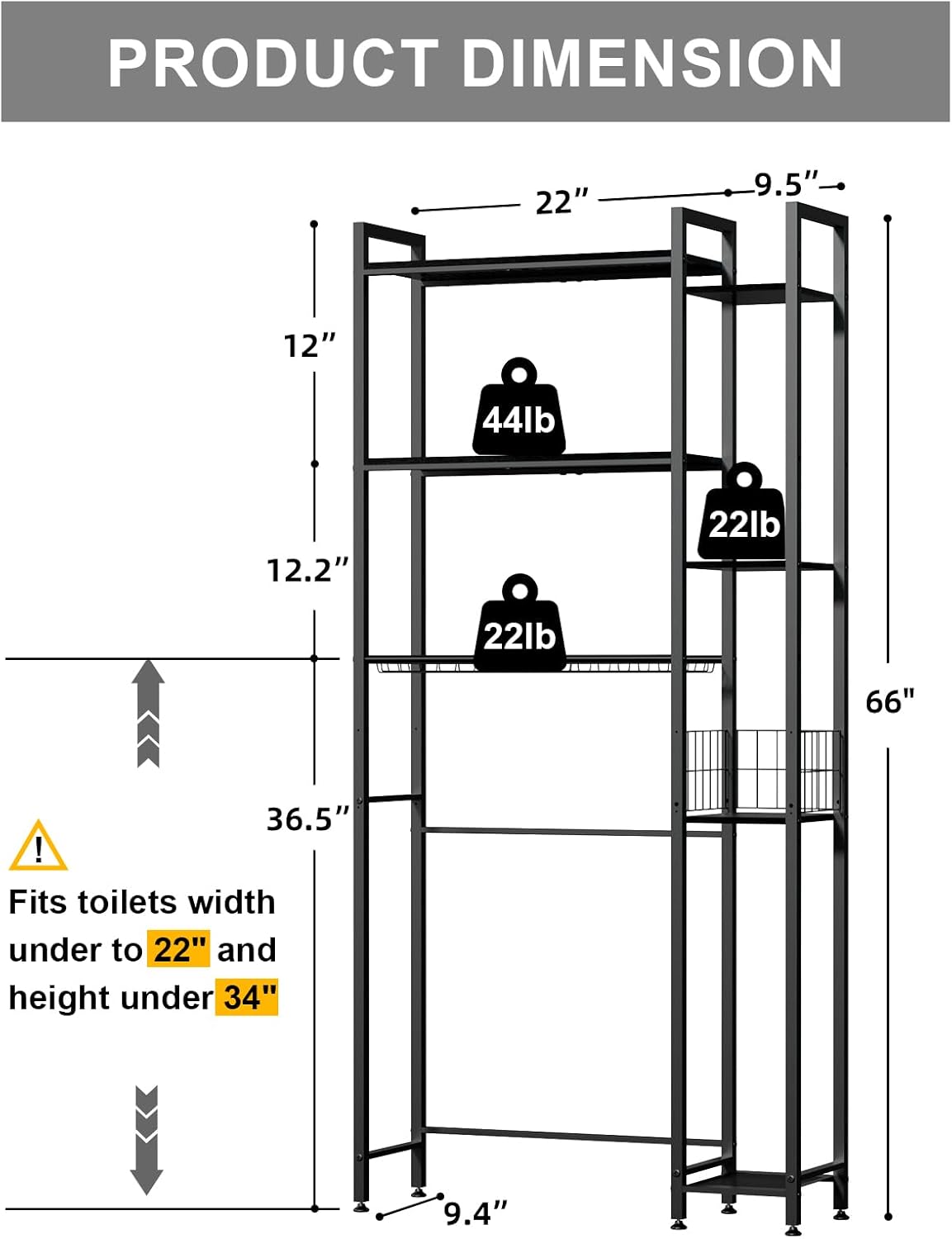 QOOIE Over The Toilet Storage with Wooden Shelves and Side Rack, 7-Tier Black Over Toilet Bathroom Organizer