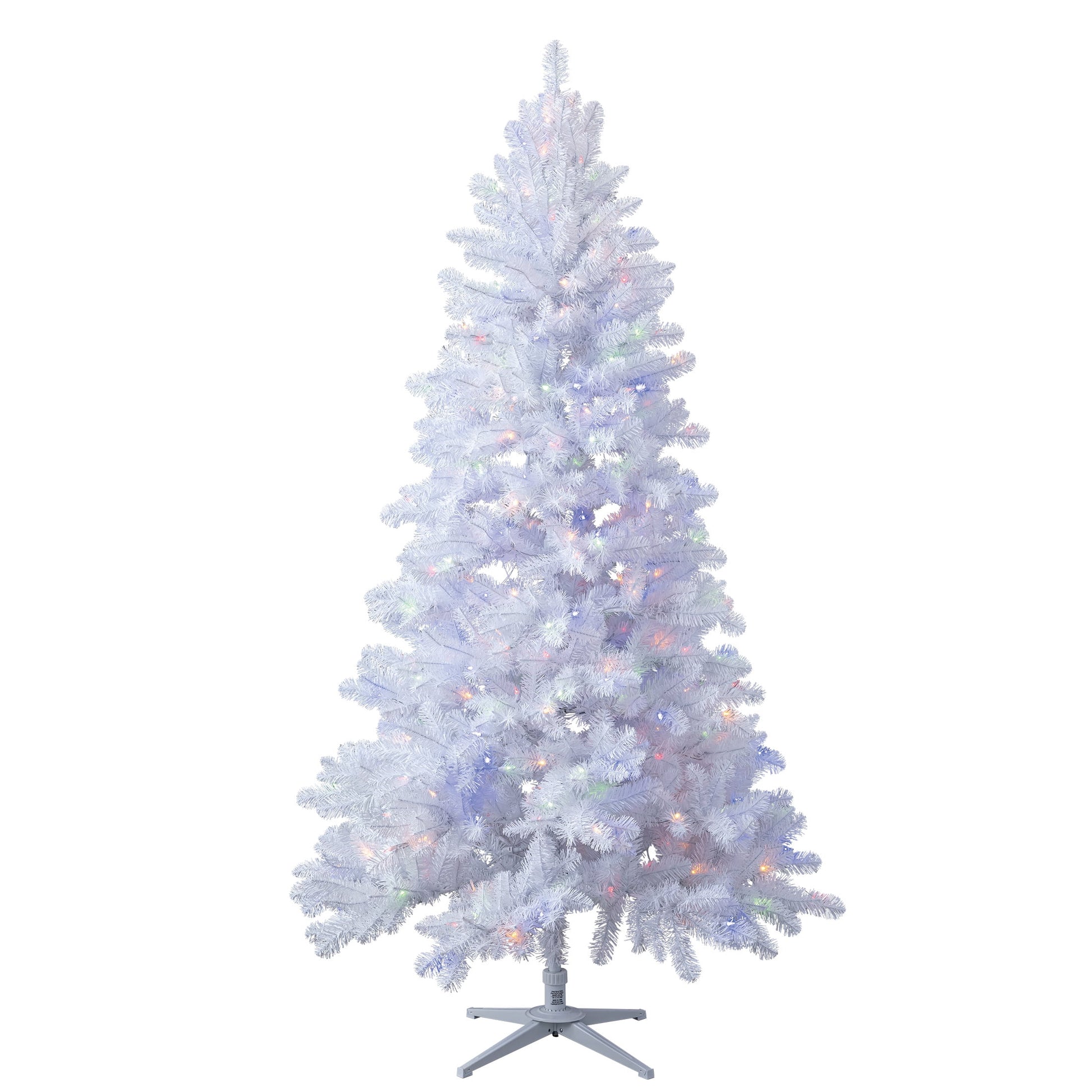 White artificial Christmas tree with colorful lights on a white background