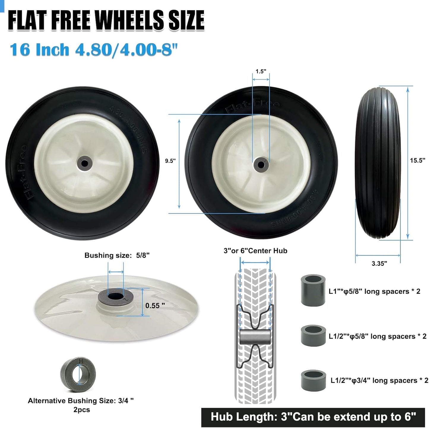 MerryYard 4.80/4.00-8" Flat Free Tire and Wheel, 16" Universal Solid Replacement Wheelbarrow Wheel,Steel Rim with 5/8" & 3/4" Bearing and 3"- 6"Center Hub