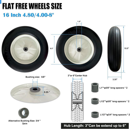 MerryYard 4.80/4.00-8" Flat Free Tire and Wheel, 16" Universal Solid Replacement Wheelbarrow Wheel,Steel Rim with 5/8" & 3/4" Bearing and 3"- 6"Center Hub