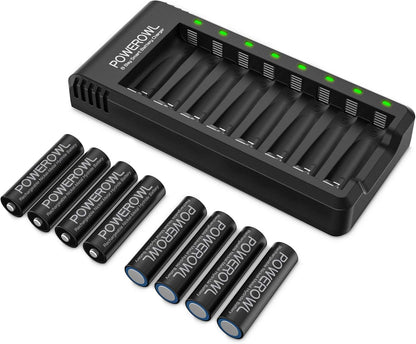 POWEROWL Rechargeable AA Batteries with Charger, 8 Pack of 2800mAh High Capacity Low Self Discharge Ni-MH Double A Batteries with Smart 8 Bay Battery Charger