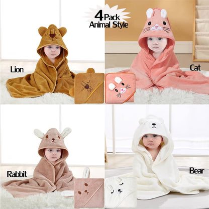 KLHYIT Newborn & Toddler Hooded Baby Bath Towel 4-Pack - Animal Style