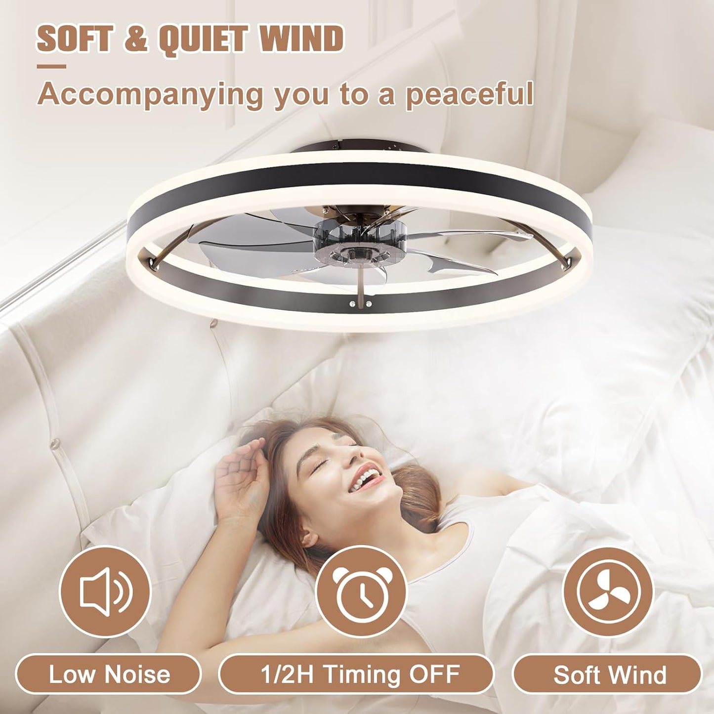 VOLISUN Low Profile Ceiling Fan with Lights and Remote, 23.6in Flush Mount 3000K-6500K Dimmable Fandelier LED Fan Light, Black Bladeless
