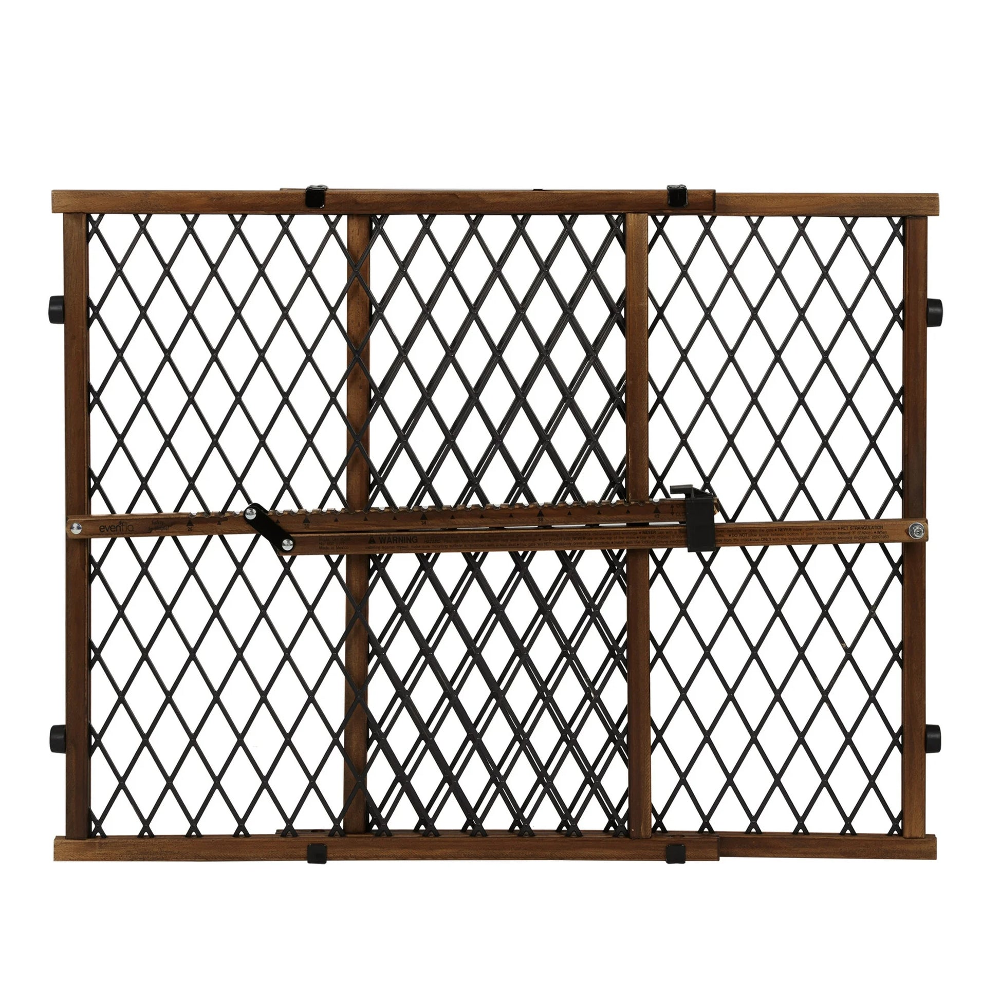 Wooden pet gate with mesh design on a white background